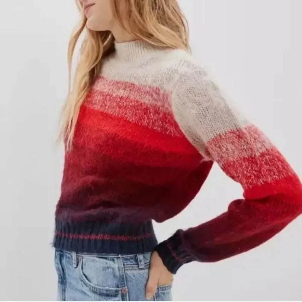 American Eagle Ombre Tan Red Blue Stripe Mock Neck Cozy Sweater - Size Medium - Picture 2 of 13